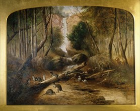 Bush landscape with waterfall and an aborigine stalking native animals, New South Wales by John Skinner Prout (1806 1876) Country of Origin: Australia
