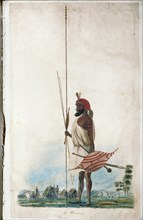 Nineteenth century book illustration depicting an aboriginal warrior with body and face paint, carrying weapons including spears and a club
