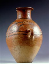 Jar for storing food or drink decorated with a painted depiction of a bird, possibly an eagle or condor