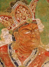 Painting (detail) of the Buddhist guardian king Vaisravana, a late Tang painting said to have come from the temples at Kucha, to the west of Turfan, along the northern route of the Silk Road