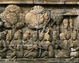 The reliefs on the terraces of Borobudur depict scenes from the life of the Buddha