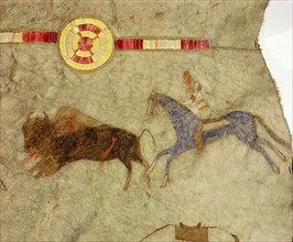 Detail of a hide painting depicting a buffalo hunt
