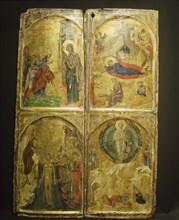 A characteristic example of an icon dating from around 1300 with four well known subjects painted on wood