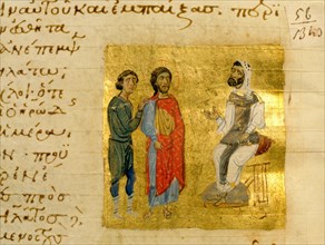 An illumination from a Byzantine manuscript depicting Jesus Christ before Pontius Pilate