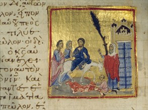 An illumination from a Byzantine manuscript depicting Jesus Christ entering Jerusalem on Palm Sunday