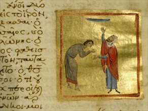 An illumination from a Byzantine manuscript depicting the story of the Pharisee and the Publican
