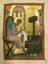 An illumination from a Byzantine manuscript depicting St Matthew seated at his writing desk