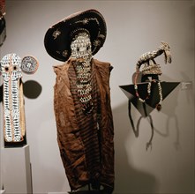 A set of mask costumes representing elephants and leopards, crucial symbols of kingship in the dance societies of the Bamileke