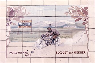 Decorative tile of famous racing motorbike of the time which used Michelin tyres