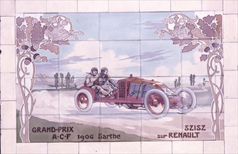 Decorative tile of famous racing car of the time which used Michelin tyres