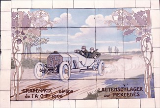 Decorative tile of famous racing car of the time which used Michelin tyres