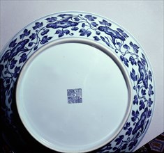 Detail of the base of a blue and white ware bowl
