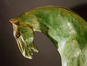 Green glazed tomb figure of a Ferghana horse (detail of head)
