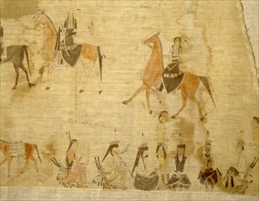 A cloth painting depicting a parade, a Sun Dance ceremony and scenes from daily life