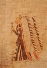 A cloth painting depicting a parade, a Sun Dance ceremony and scenes from daily life