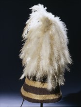 Hat with brown and tan stripes and white feather plumes