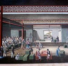 European tea merchants attending a tea auction in a Hong Kong warehouse