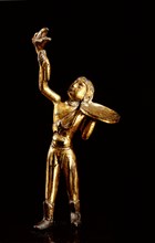 Gilded bronze figure of a man holding a tray and offering a flower