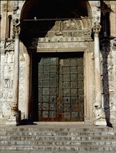 Detail of the facade of the Basilica of San Zeno, Verona, showing the bronze door