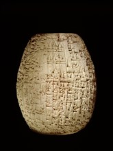 Hollow clay cylinder inscribed in cuneiform, describing Sin iddinams dredging of the Tigris on behalf of various deities