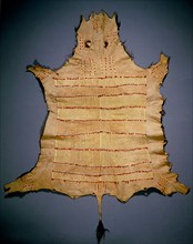 Buffalo robe decorated with stripes of dyed porcupine quills