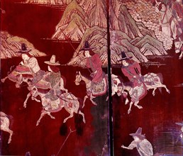 Detail of a lacquer screen which depicts the exploits of the Portuguese in China