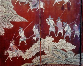 Detail of a lacquer screen which depicts the exploits of the Portuguese in China