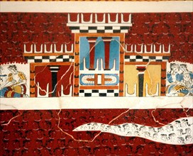 Detail of the Grandstand Fresco depicting a tripartite shrine crowned with bulls horns