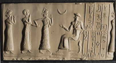 Depiction of a bare deaded worshipper being led by a minor goddess into the presence of a seated man, possibly the deified U Nammu, King of Ur