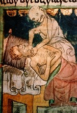Death strangling a victim of the Black Death plague