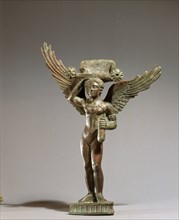 Bronze patera handle in the form of a winged figure