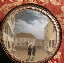A snuff box which belonged to Beethoven, decorated with a miniature painting depicting a street scene