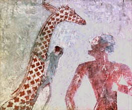 A detail of a wall painting in the tomb of Rekhmire showing Nubians bringing a giraffe and long horned cattle as tribute
