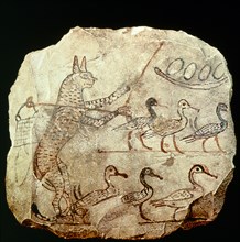 A drawing on limestone of a scene from a fable