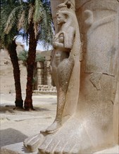 A princess, perhaps Bentanta, standing at the feet of a colossal statue of her father Ramesses II