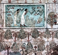 A detail of a tomb wall painting showing a garden and ornamental pool with fish