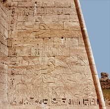 Relief from the temple of Ramesses III at Medinet Habu depicting two panels with hunting scenes where the king is driving his chariot and spearing wild animals