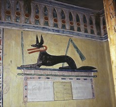 A detail of a wall painting in the tomb of Khaemwaset, a son of Ramses II depicting Anubis, the jackal headed god of mummification
