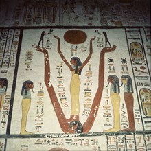 A detail of the painting of the 6th section of the Book of Caverns on the wall of the sarcophagus hall of the tomb of Ramses VI