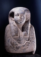 Upper part of a stone shabti for the lector priest Pediamenopet with two lines of inscription from Chapter 6 of the Book of the Dead