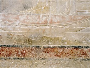A detail of the hippopotamus hunt relief in the tomb of Princess Sesh seshet Idut at Saqqara