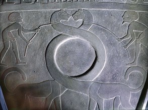 The central part of the obverse of the Narmer Palette which commemorates the victories of King Narmer identified as King Menes, the unifier of Upper and Lower Egypt