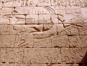 Battle scene relief with Ramesses III in his chariot fighting the Libyans, from his mortuary temple