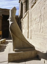 The colossal statue of the god Horus at the entrance to the Temple of Horus, Edfu