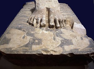 The feet of king Netjerikhet (Zoser of later tradition) resting on the Nine Bows representing Egypts outside enemies, as well as the lapwings symbolising the Egyptian people