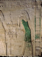 A relief from Sahures cult temple at Abusir showing the female personification of fertile estates wearing a green dress