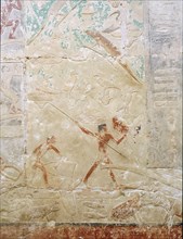 A relief in the tomb of Princess Sesh seshet Idut at Saqqara showing hunting hippopotamus from papyrus reed boats