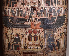 Detail from a coffin depicting the goddess Nut spreading her wings in protection over the deceased
