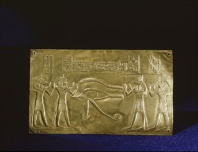 Incised and stamped gold plaque found placed over the abdominal incision in the mummified body of the king Psusennes I