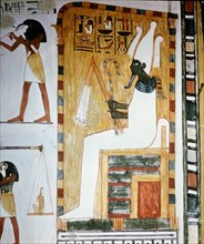A detail of wall painting in the tomb of Menna showing the judgement of Osiris who appears in his green form as god of fertility